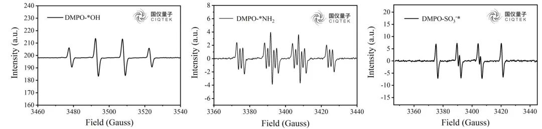 그림 4 DMPO에 의해 포착된 O-(a), N-(b), S-(c) 중심 라디칼의 EPR 스펙트럼.